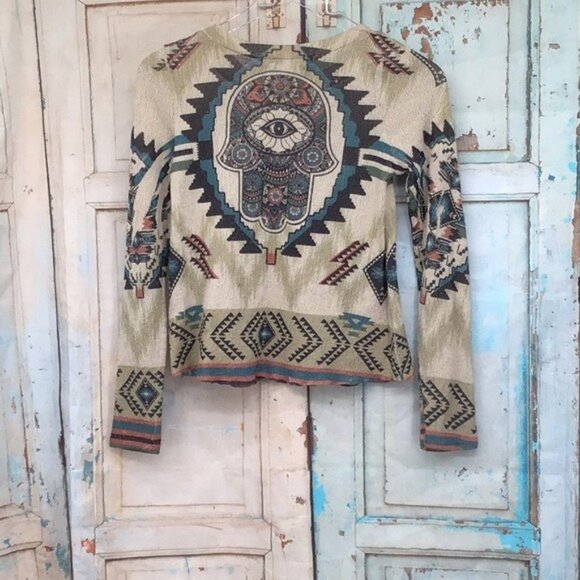 Bohemian Hamsa Hand Knit Sweater Shirt XS Southwestern Tribal Geometric Print Ar - Picture 3 of 4